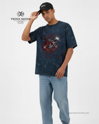 Wheels Three Navy Blue Unisex Acid Washed Oversized Tee