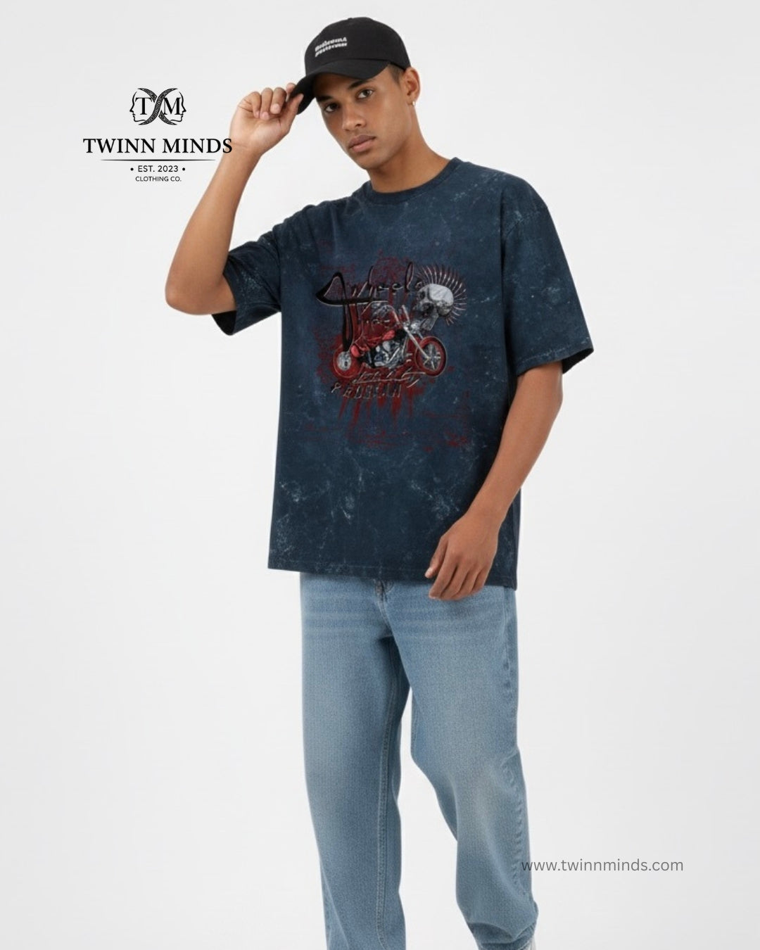 Wheels Three Navy Blue Unisex Acid Washed Oversized Tee