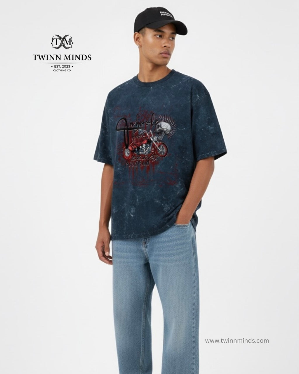 Wheels Three Navy Blue Unisex Acid Washed Oversized Tee