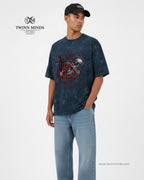 Wheels Three Navy Blue Unisex Acid Washed Oversized Tee