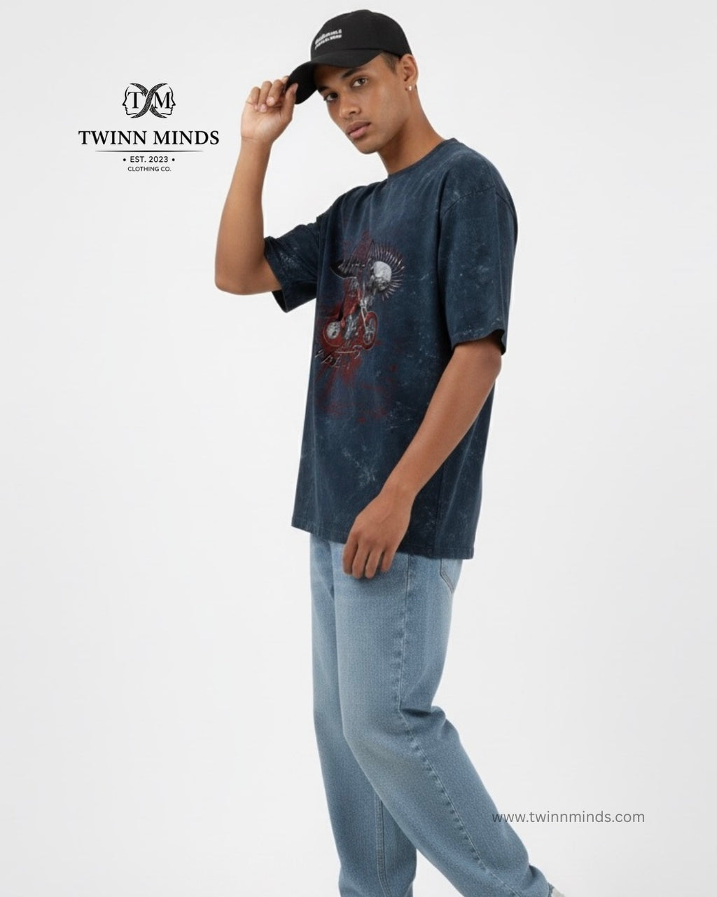 Wheels Three Navy Blue Unisex Acid Washed Oversized Tee