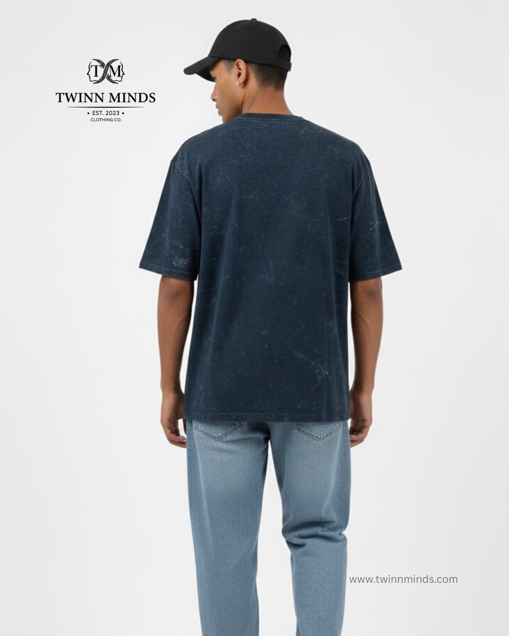 Wheels Three Navy Blue Unisex Acid Washed Oversized Tee
