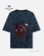 Wheels Three Navy Blue Unisex Acid Washed Oversized Tee