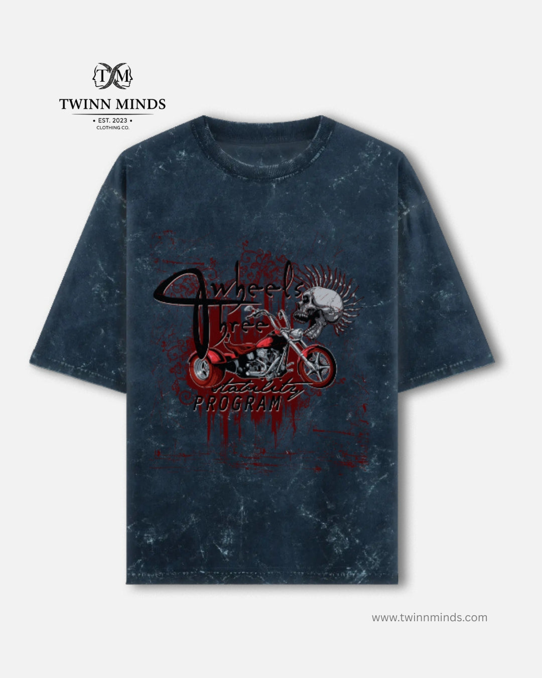 Wheels Three Navy Blue Unisex Acid Washed Oversized Tee