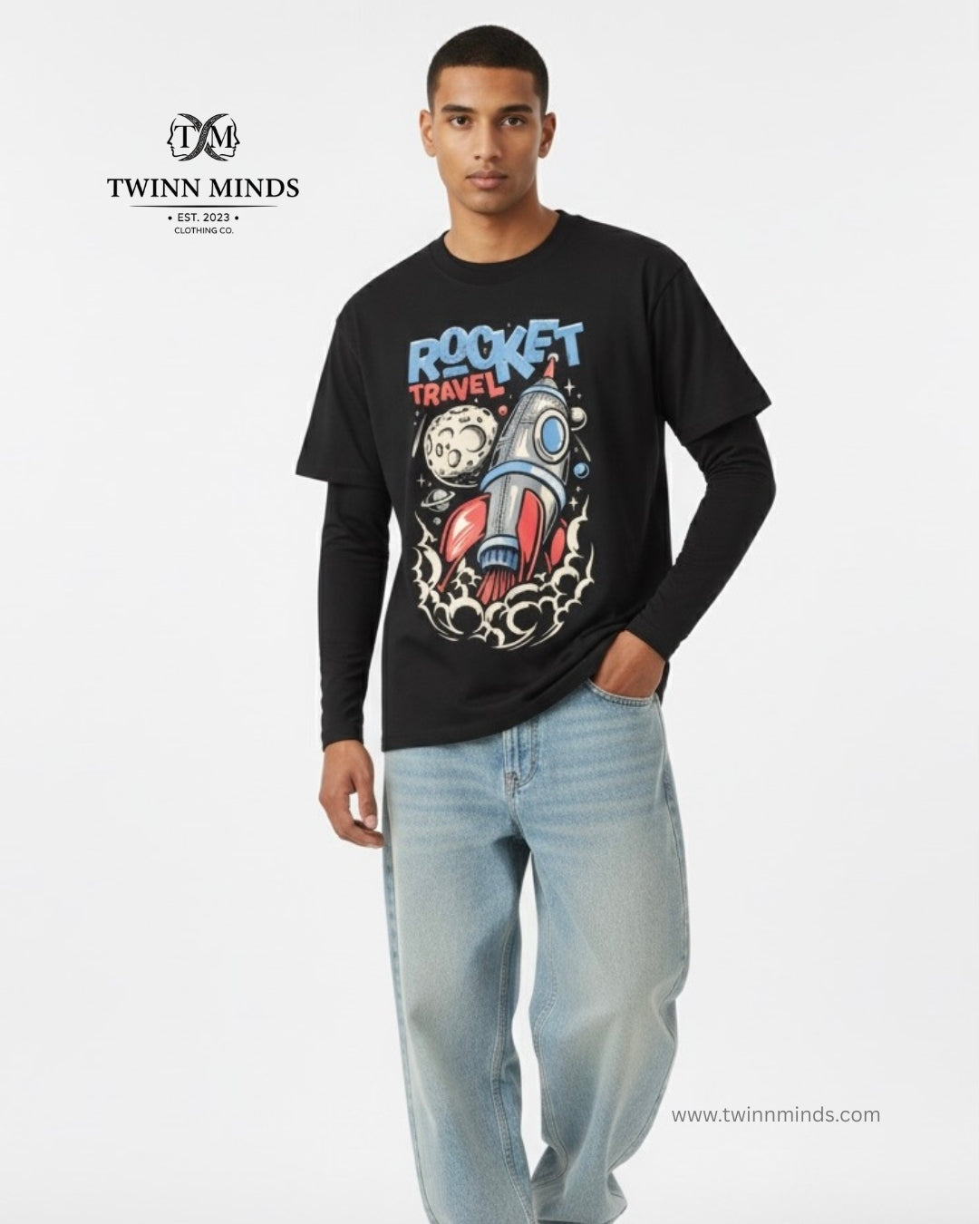 Rocket Travel Black Unisex Oversized Classic T-Shirt