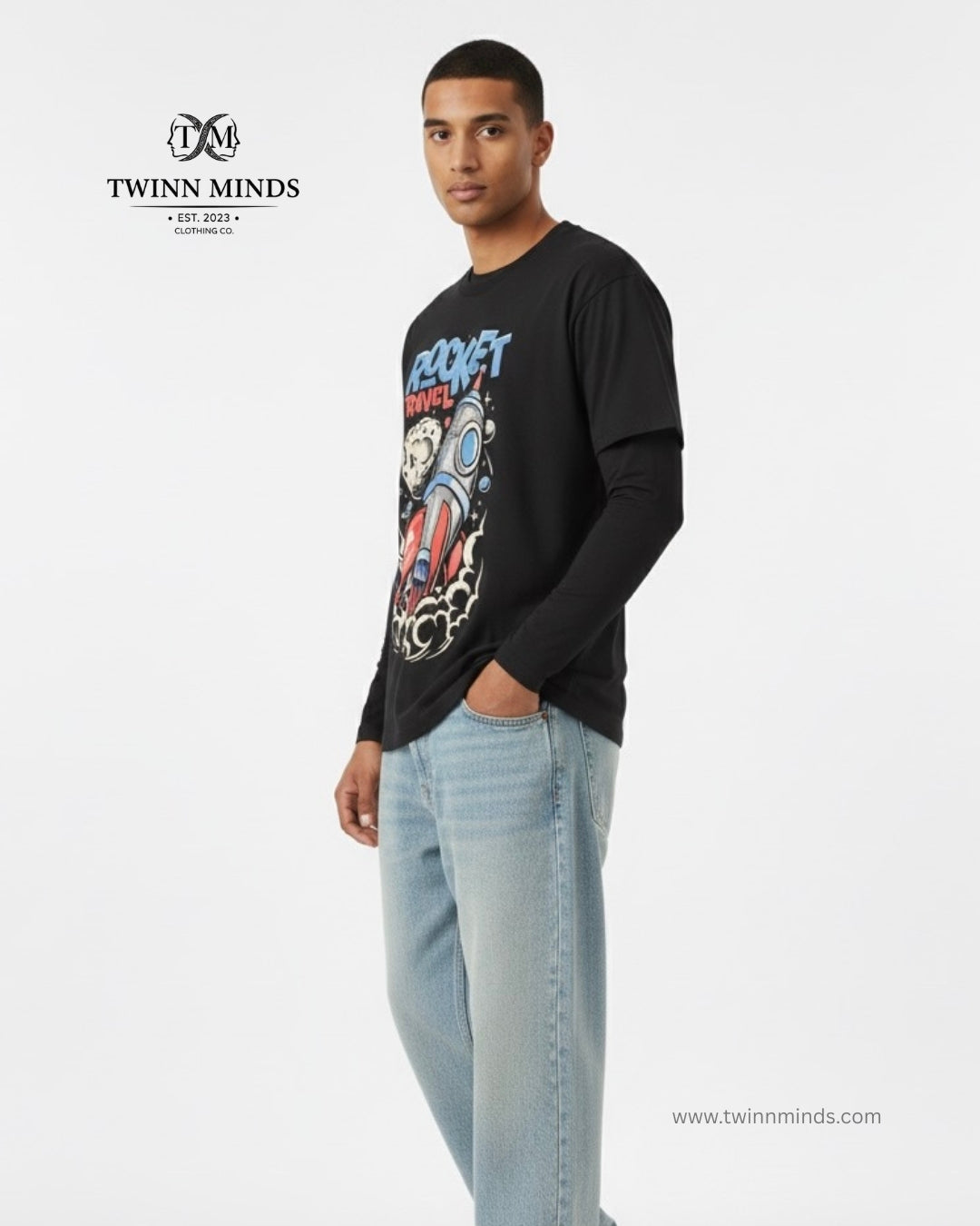 Rocket Travel Black Unisex Oversized Classic T-Shirt