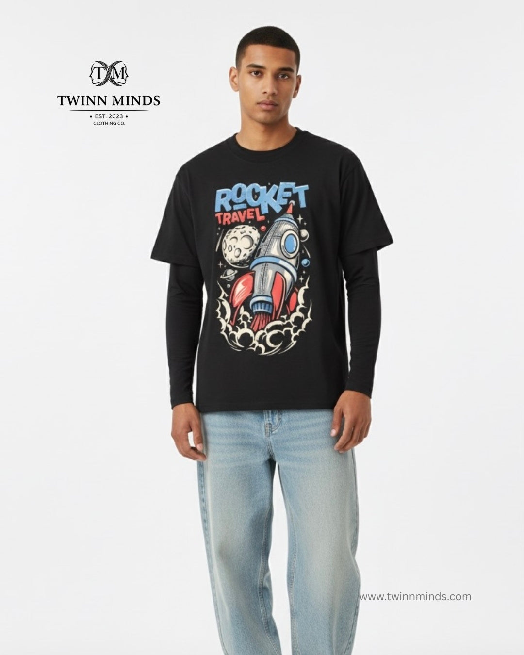 Rocket Travel Black Unisex Oversized Classic T-Shirt