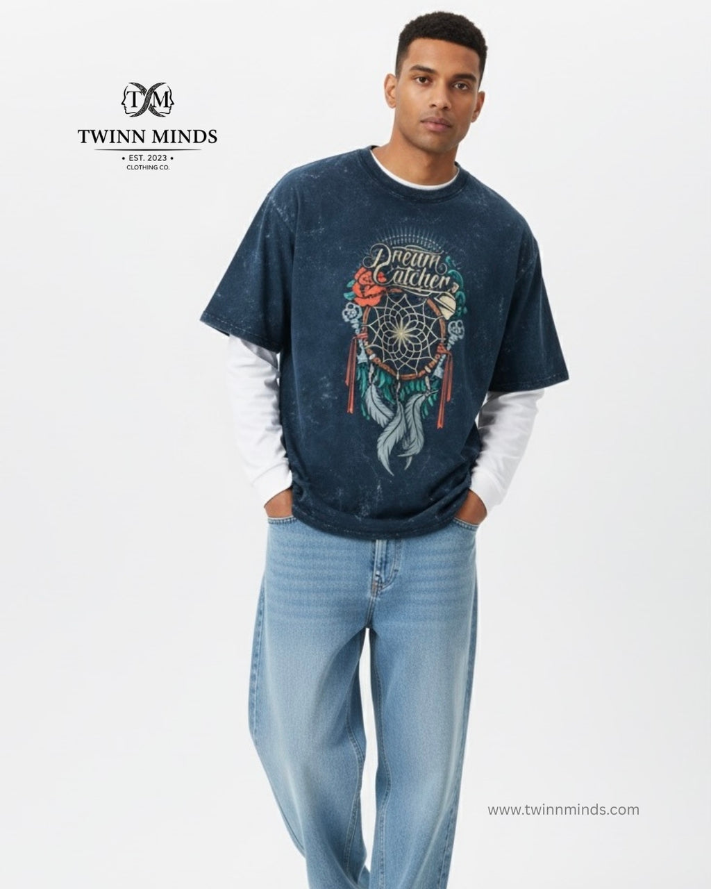 Dream Catcher Navy Blue Unisex Acid Washed Oversized Tee