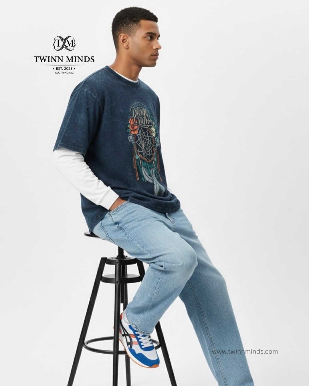 Dream Catcher Navy Blue Unisex Acid Washed Oversized Tee