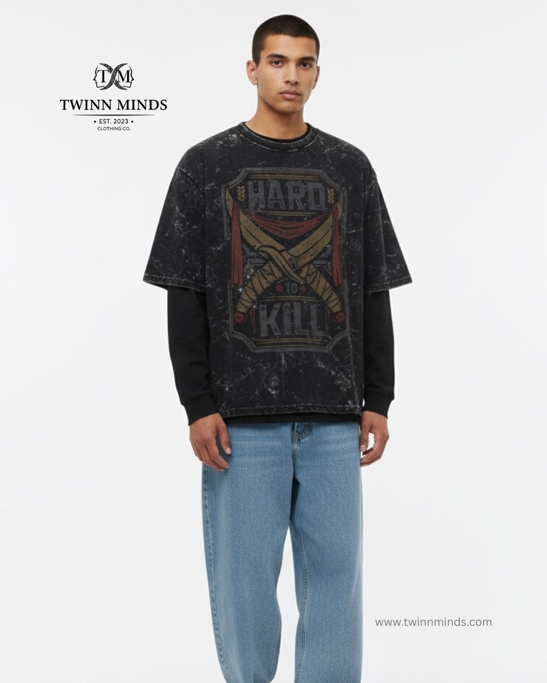 Hard To Kill Black Unisex Acid Washed Oversized Tee