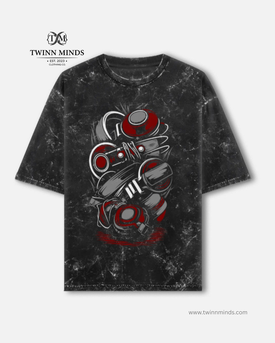 Headphones Black Unisex Acid Washed Oversized Tee