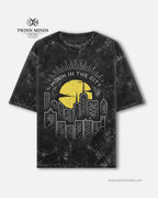 Moon In The City Black Unisex Acid Washed Oversized Tee
