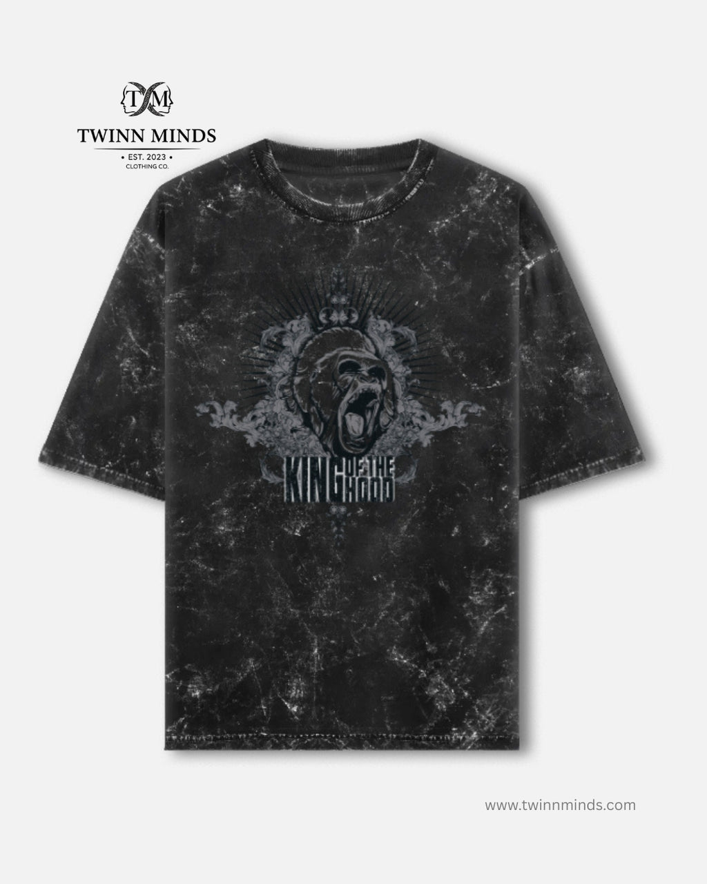 King Of The Hood Black Unisex Acid Washed Oversized Tee