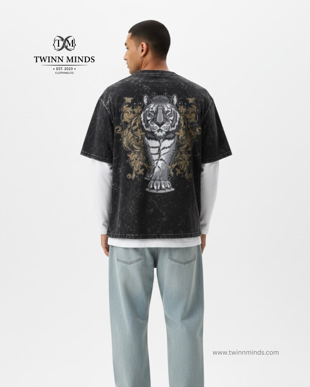 Tiger Black Unisex Acid Washed Oversized Tee