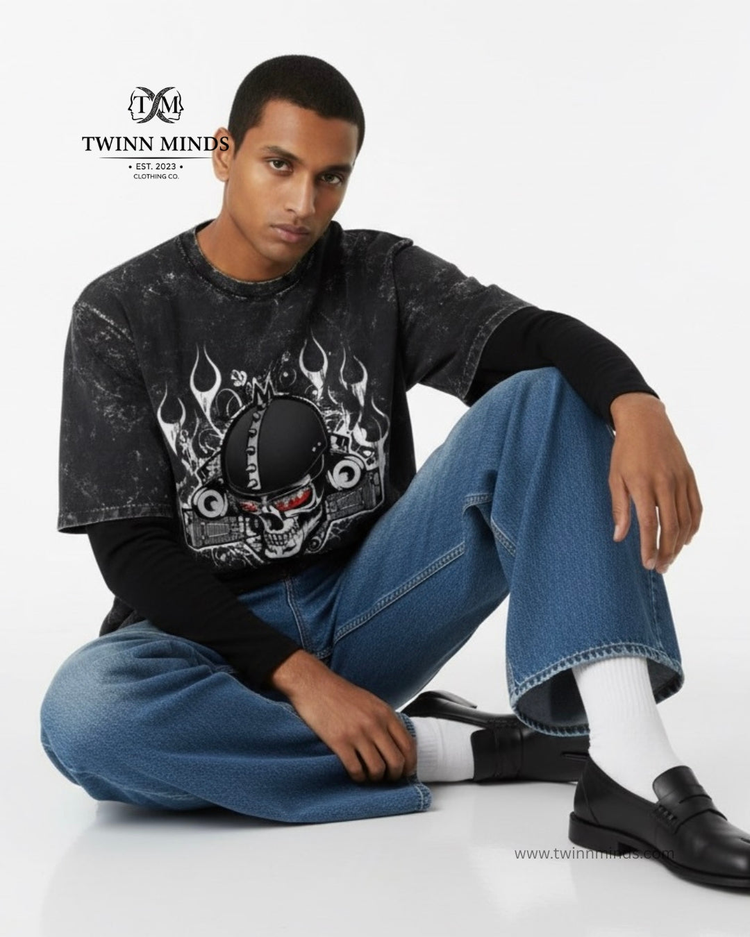 SkullTorque Black Unisex Acid Washed Oversized Tee