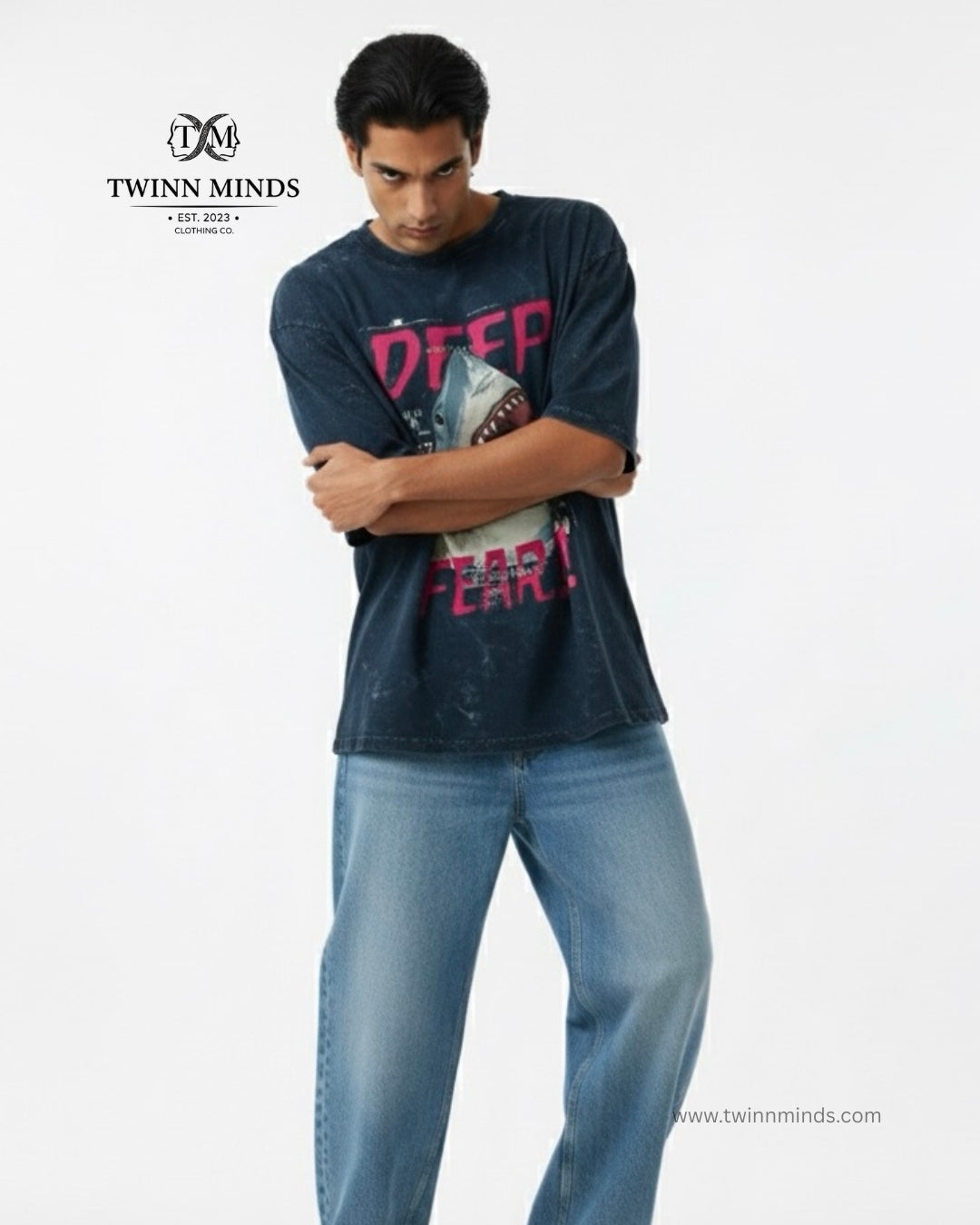 Deep Fear Navy Blue Unisex Acid Washed Oversized Tee