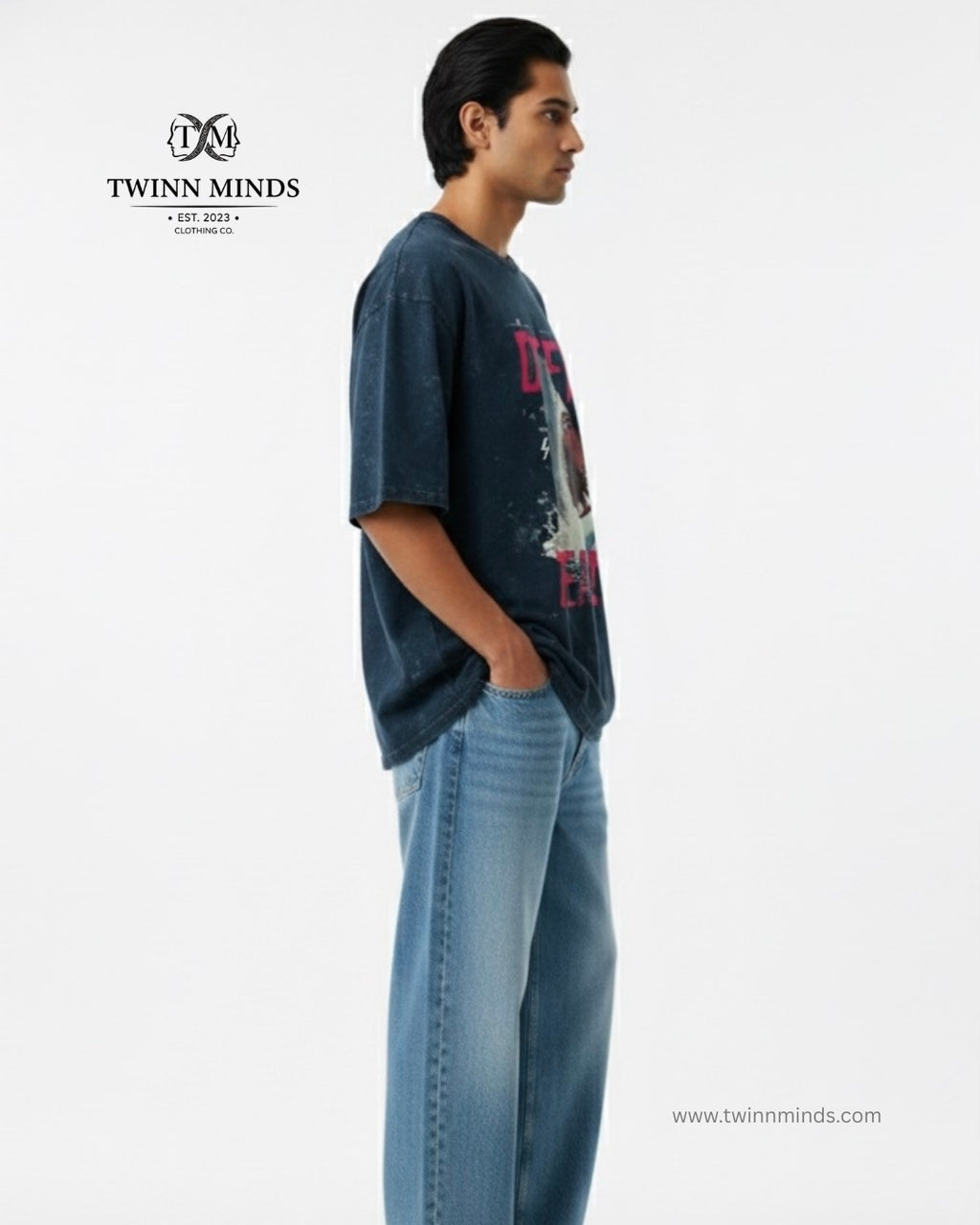 Deep Fear Navy Blue Unisex Acid Washed Oversized Tee