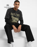 Amazing Wildlife Black Unisex Acid Washed Oversized Tee