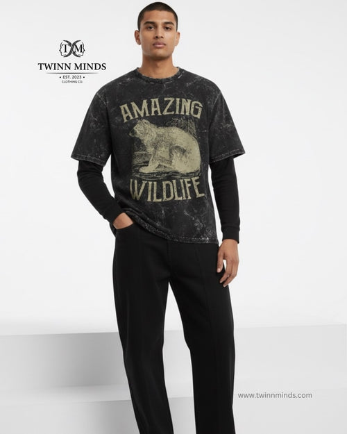 Amazing Wildlife Black Unisex Acid Washed Oversized Tee