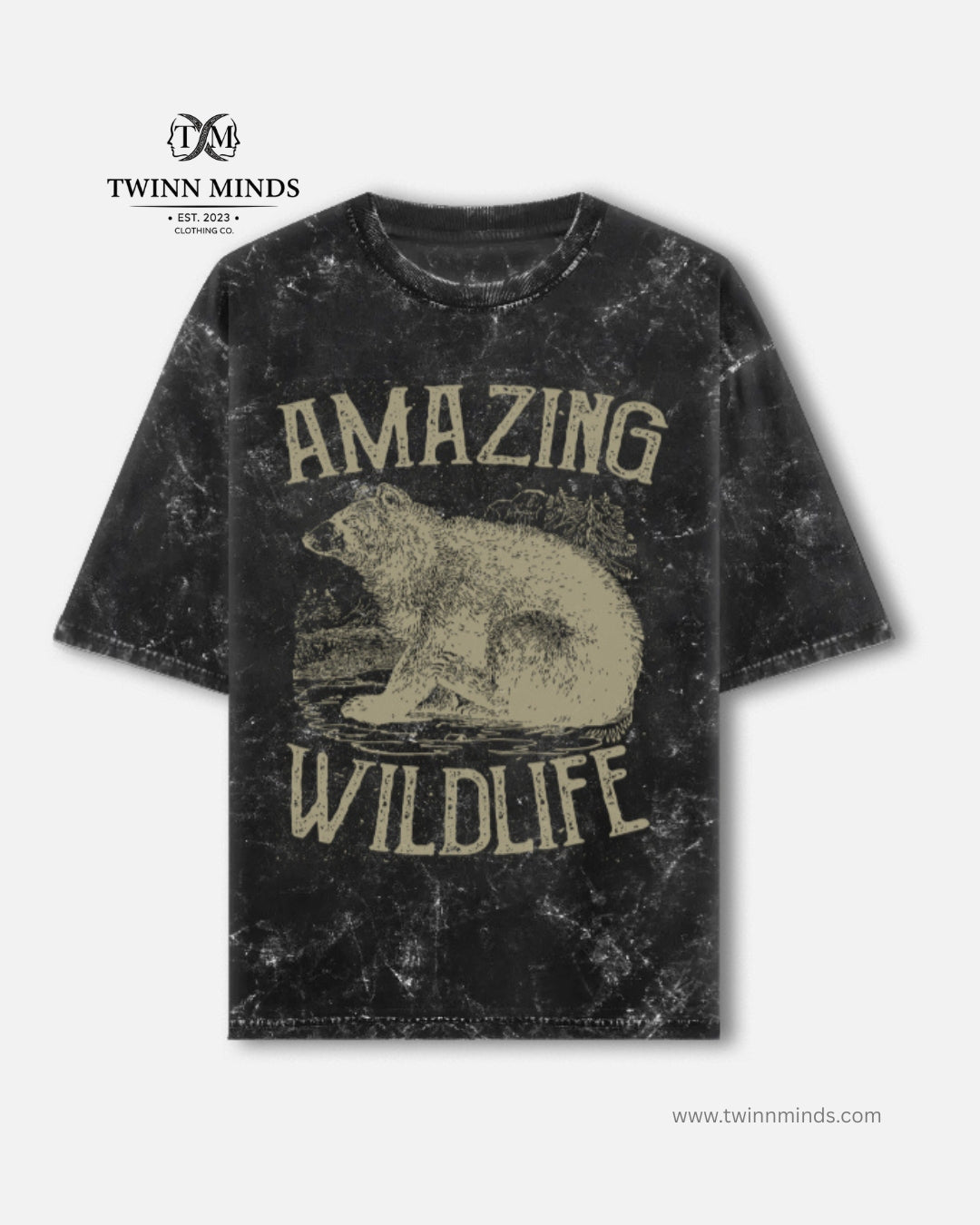 Amazing Wildlife Black Unisex Acid Washed Oversized Tee