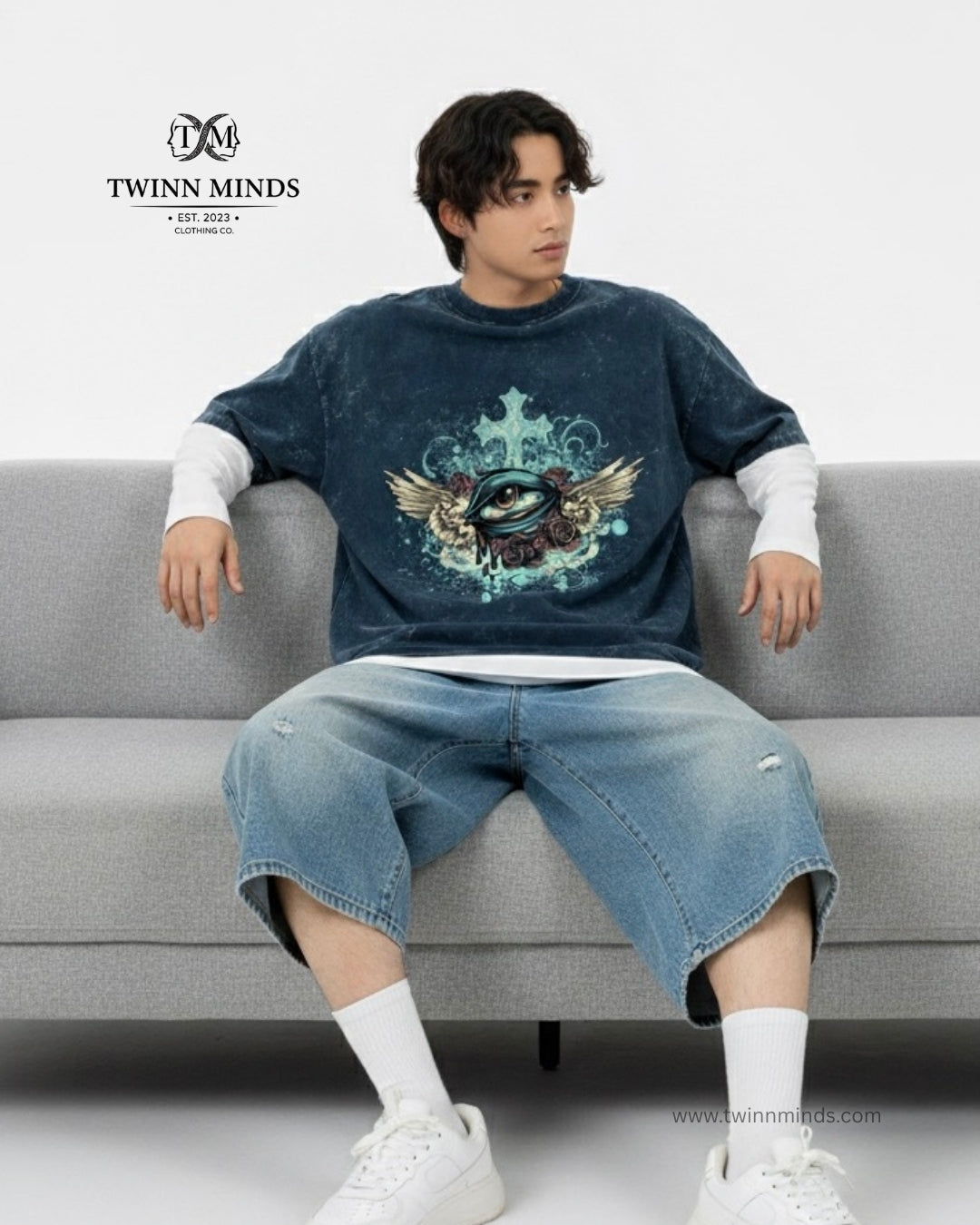 Designious Eye Navy Blue Unisex Acid Washed Oversized Tee