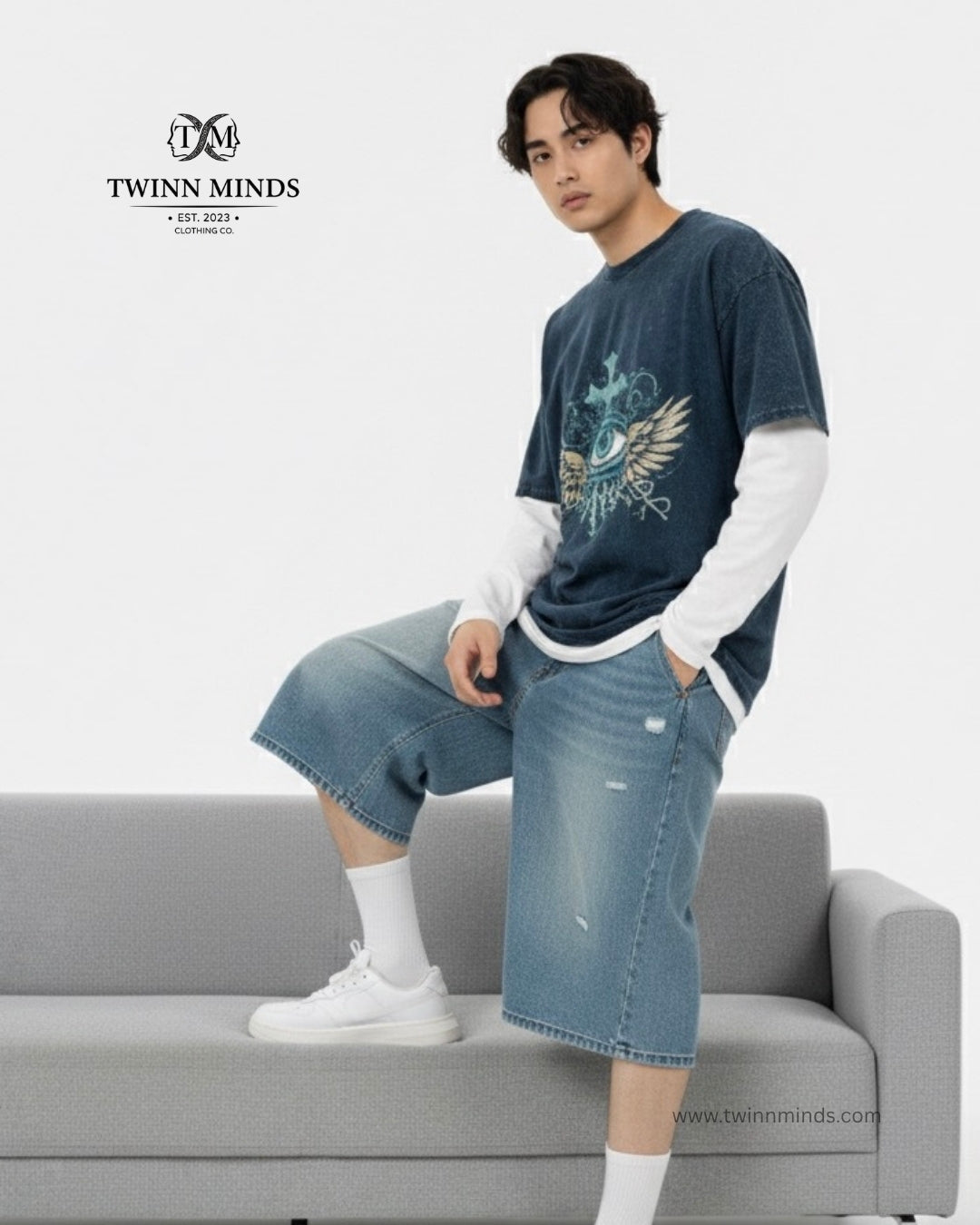Designious Eye Navy Blue Unisex Acid Washed Oversized Tee