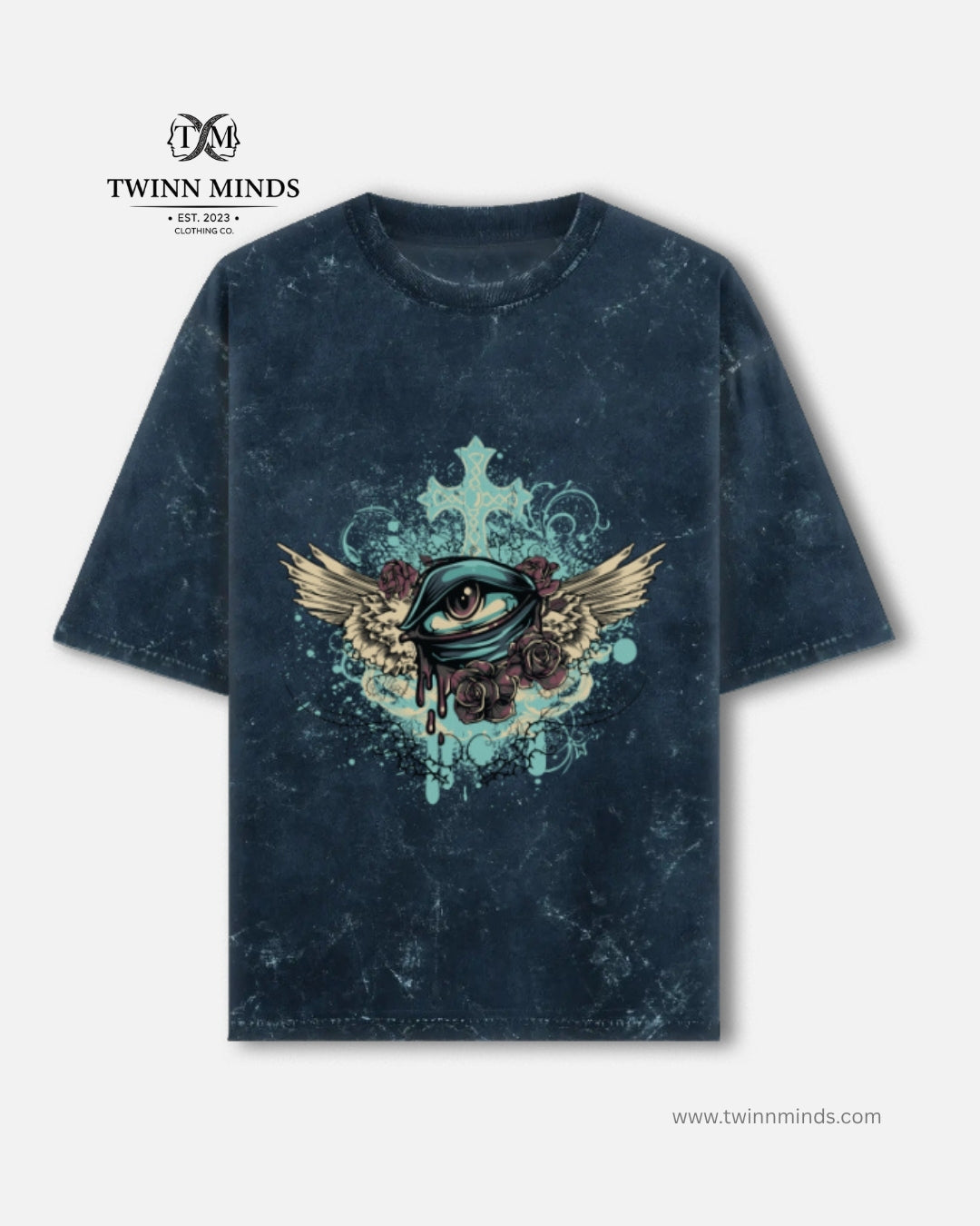 Designious Eye Navy Blue Unisex Acid Washed Oversized Tee